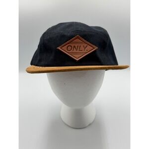 Only NY 5 Panel‎ Hat Black Canvas Tan Suede Brim Leather Patch Made in USA NWOT